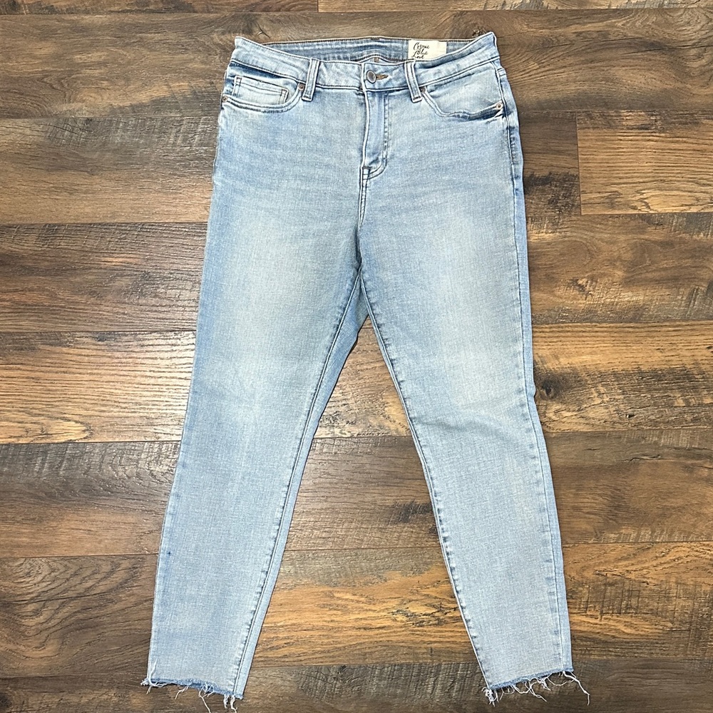Cosmic Blue Love Light Distressed Raw Hem Jeans